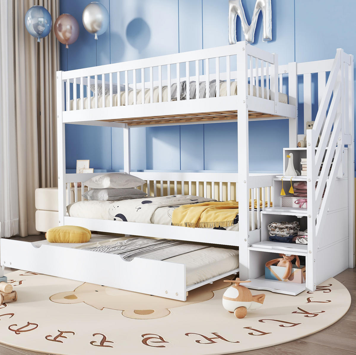 ETAGENBETT 253/95/150 cm aus Kiefer und MDF mit Rollbett und Leiterschrank Weiß - Weiß, Holz (90/200cm) - Modenvie