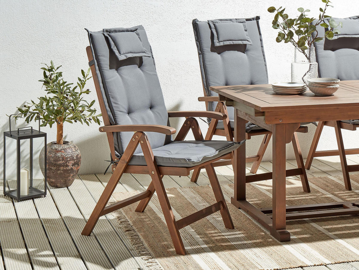 GARTENSTUHL 2er-Set Akazienholz dunkelbraun Auflagen grau Amantea - Dunkelbraun/Grau, Holz (54/105/69cm) - Beliani