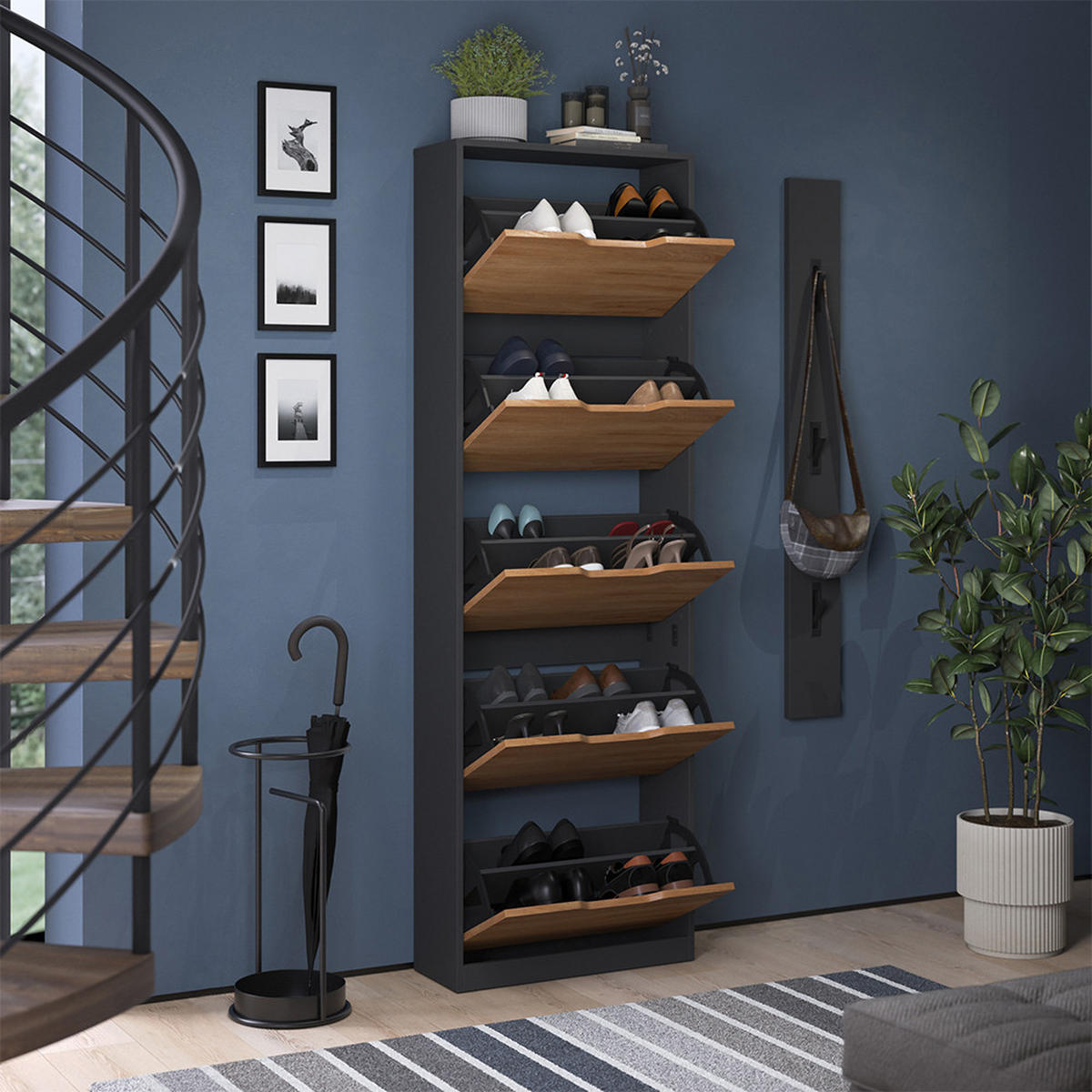 SCHUHKIPPER Luca, Anthrazit/Goldkraft Eiche, 59 x 180.5 cm mit 5 Kippfächern - Honigeiche/Anthrazit, Holzwerkstoff (59/180.5/22cm) - Vicco