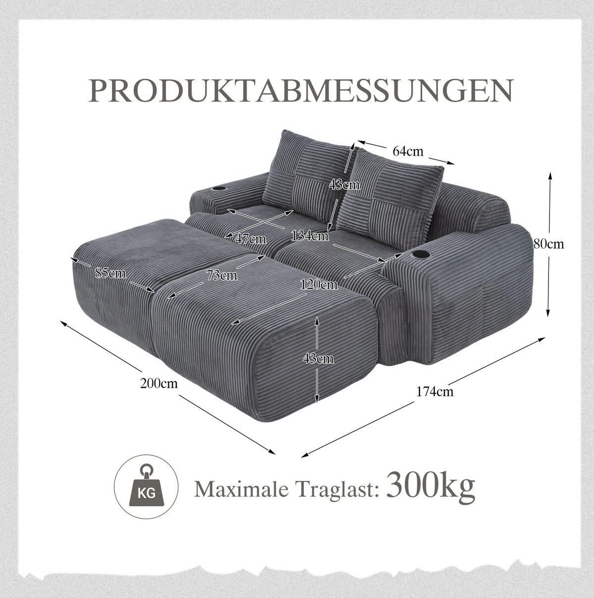 SOFA modular 2-Sitzer 200 x 174 cm Cord Dark Gray - Dunkelgrau, Kunststoff (174/80/200cm) - Meubliv