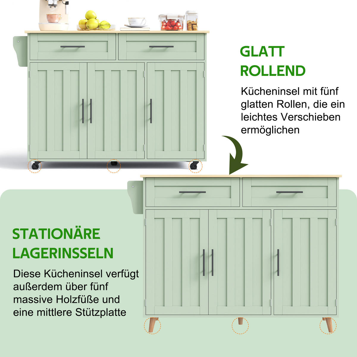 KÜCHENINSEL 129/71/91,5 cm Antikgrün mit 2 Schubladen, Klappbarer Arbeitsplatte, 5 Universalrädern und Massivholzfüßen - Salbeigrün, Holz/Holzwerkstoff (46/91.5/120cm) - Oxeza