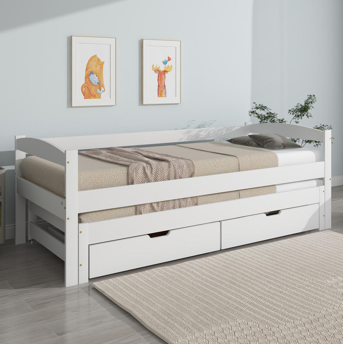 DNEVNI krevet od masivne borovine i MDF-a 90x200 cm bijela s izvlačnim ležajem, 2 ladice i ogradom - bijela, drvni materijal (90/200cm) - Modfu