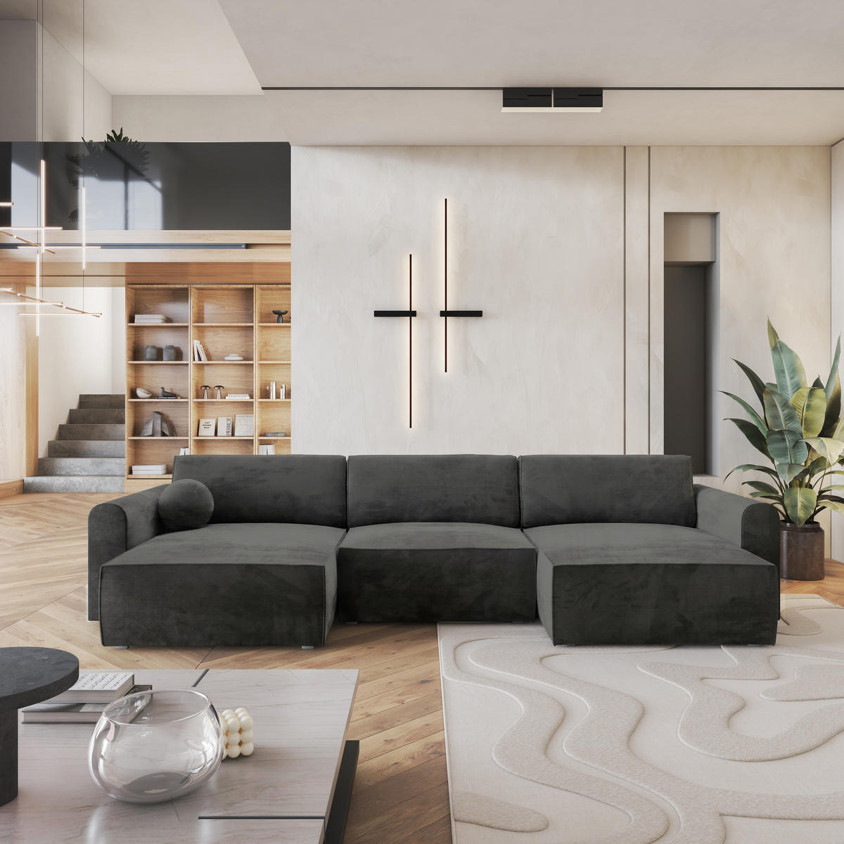 ROHOVÁ SEDAČKA FENTO černá - šedá/černá, dřevo/textil (347/148cm) - MASSENO