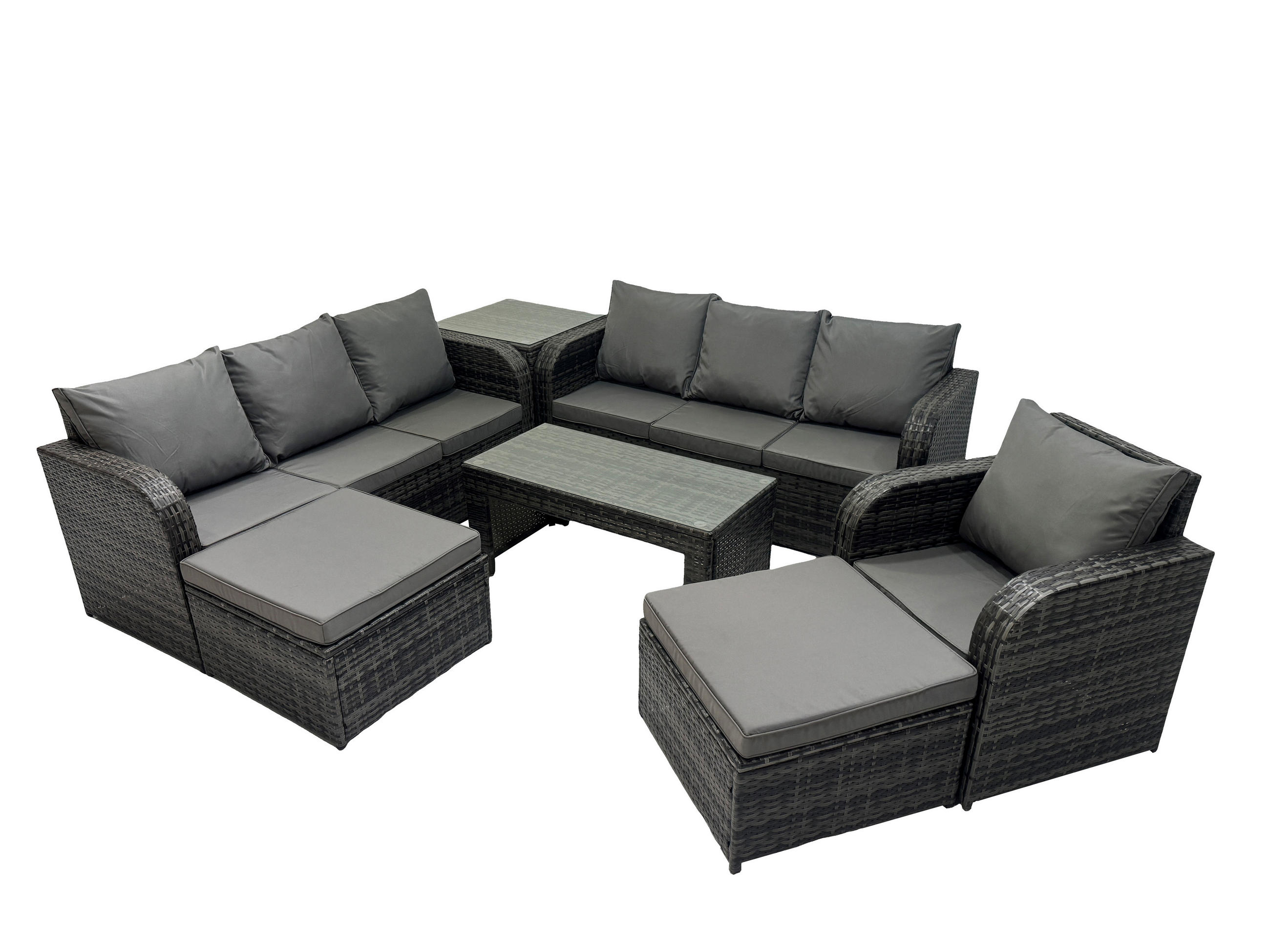 GARTENSOFA SET mit rechteckigem COUCHTISCH Polyrattan 9-Sitzer Dunkelgrau - Dunkelgrau/Grau, Glas/Kunststoff - Fimous