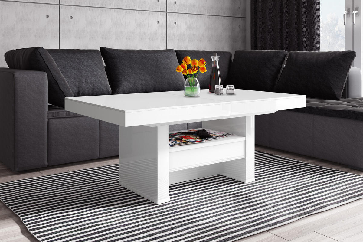 COUCHTISCH rechteckig Weiß matt Weiß Hochglanz Höhenverstellbar ausziehbar 12/75/55 cm - Weiß Hochglanz/Weiß, Holzwerkstoff (75/120/55cm)