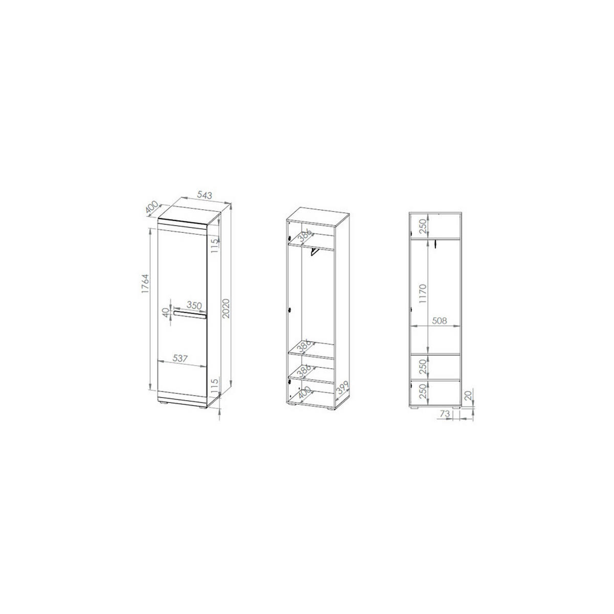 STAURAUMSCHRANK Blanco Pinie weiß / grau 55 / 42 / 202cm - Weiß, Holz/Holzwerkstoff (55/202/42cm) - Feldmann-Wohnen