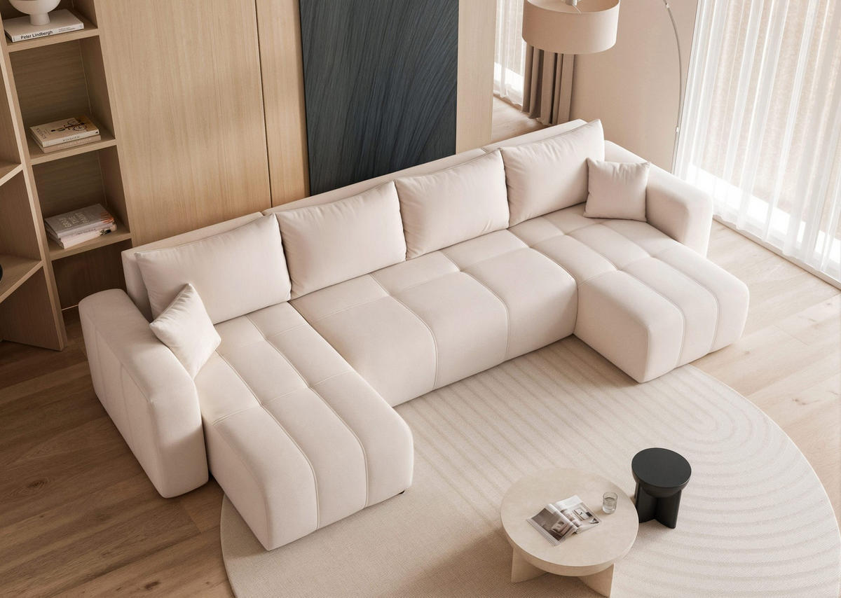 WOHNLANDSCHAFT U-Form Velours mit Bettkasten und Schlaffunktion - Creme, Holzwerkstoff/Textil (318/79/145cm) - Idohome