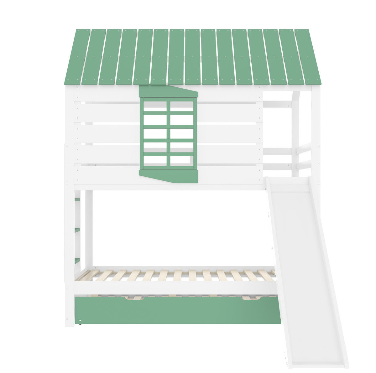 POSCHODOVÁ posteľ 90/200 cm biela/zelená s prístelkou a šmykľavkou z MDF a borovice - biela/zelená, kompozitné drevo (90/200cm) - OKWISH
