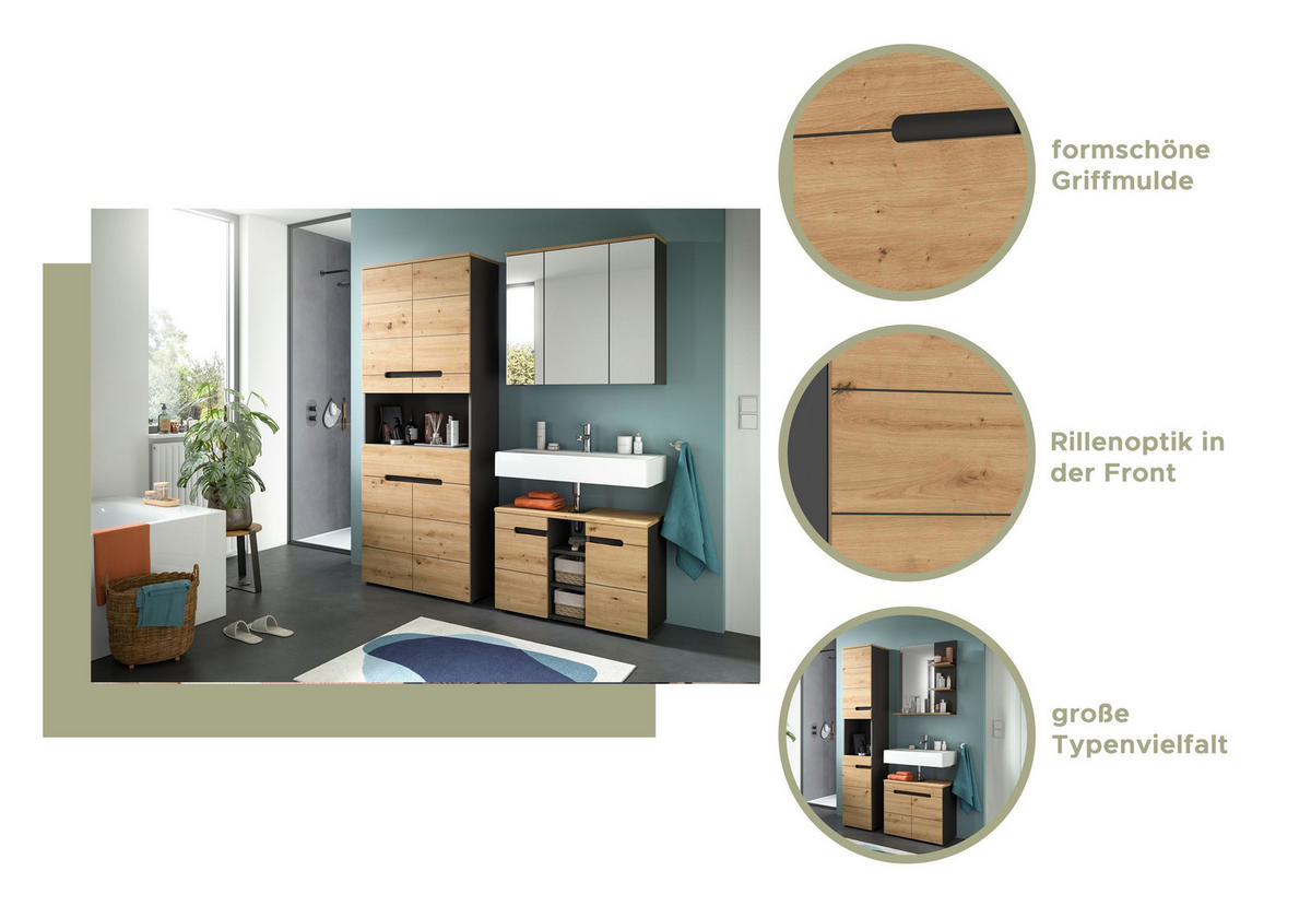 BADMÖBEL Set Canu 3tlg. Bad Kombination (B/H/T: 116x193x34cm) - Eiche Artisan, Holzwerkstoff (116/193/34cm)