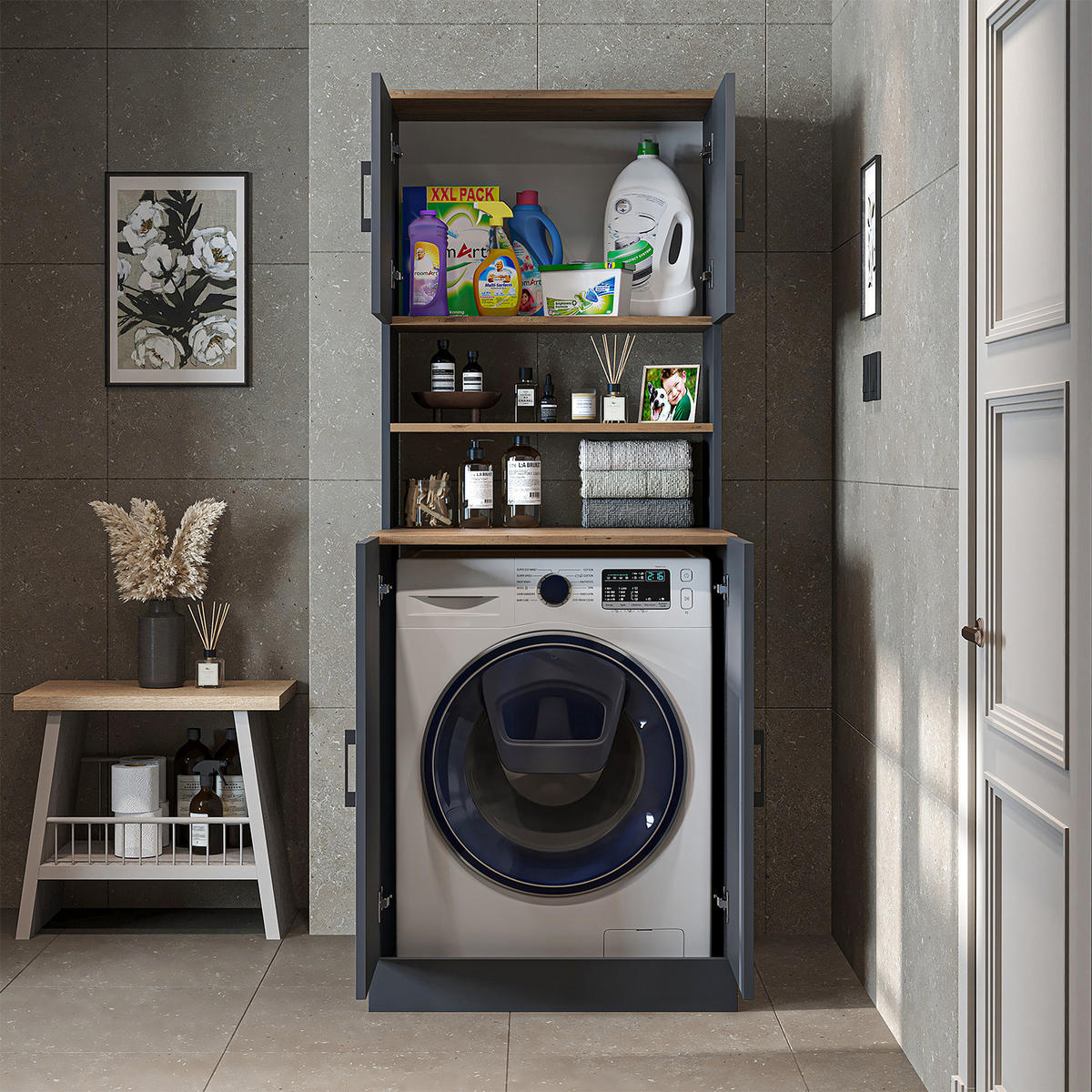 WASCHMASCHINENSCHRANK Atlantic I 70cm Breit, 180cm Hoch - Anthrazit, Holzwerkstoff (70/180/69cm)
