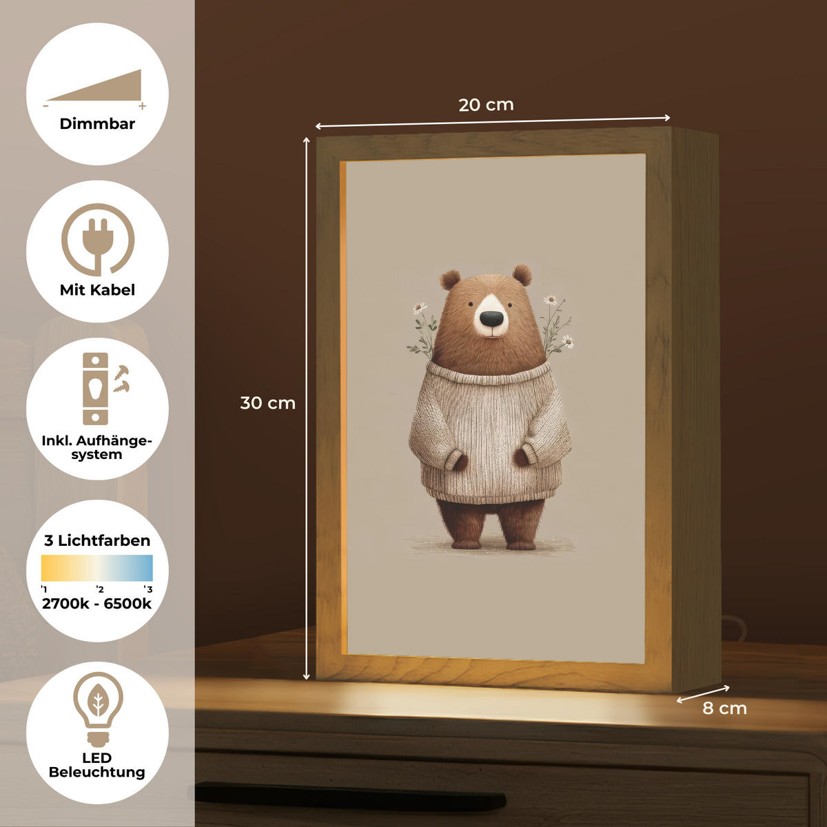 NÁSTĚNNÁ LAMPA Medvěd - Bílé květy - Cosy 20x30 cm - šedohnědá, kompozitní dřevo (20/30/8cm) - OnlyWow