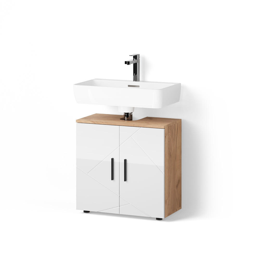 WASCHBECKENUNTERSCHRANK Ronco Weiß Hochglanz/Goldkraft Eiche 60 x 59 cm - Honigeiche/Weiß Hochglanz, Holzwerkstoff (60/59/30cm) - Livinity®