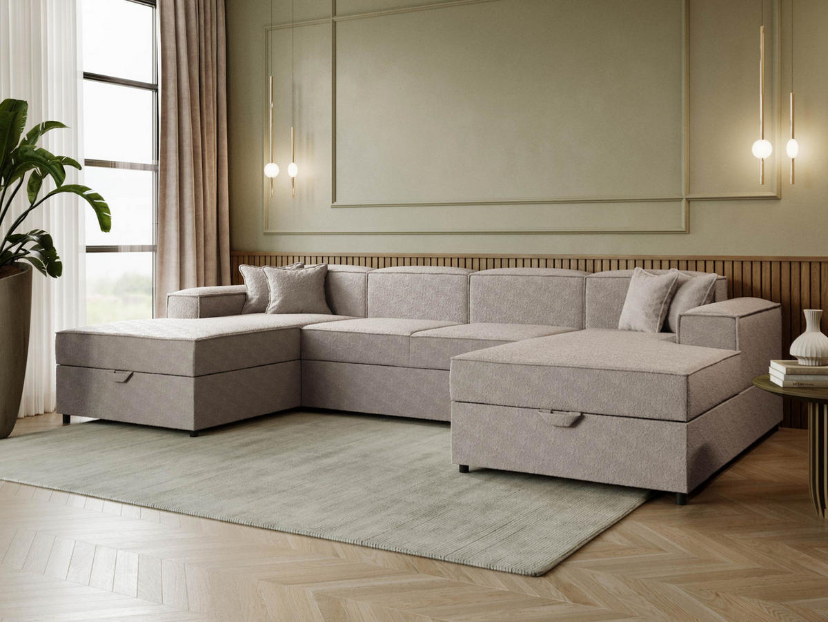 WOHNLANDSCHAFT Santos U Boucle - Beige/Schwarz, Holzwerkstoff/Kunststoff (320/79/166cm) - MIRJAN24