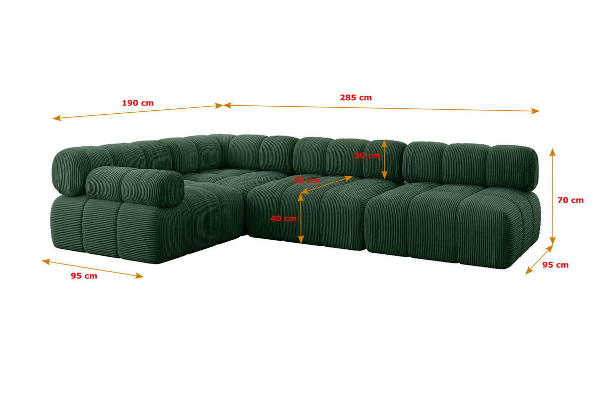 ECKSOFA modulares Sofa Mende-L2 - 285x190x70 cm Grün Cord - Grün, Holzwerkstoff/Textil (285/190cm) - ALTDECOR