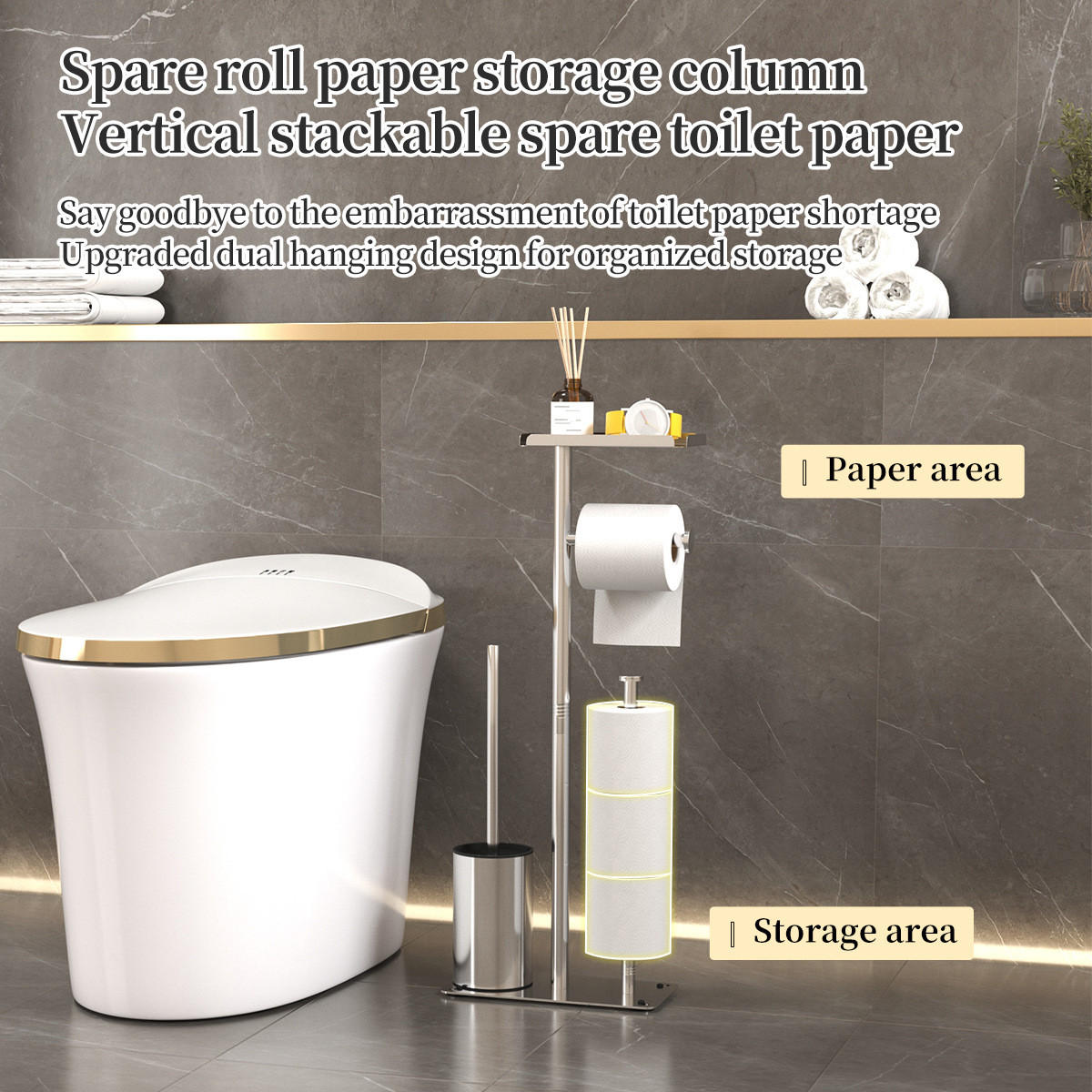 TOILETTENBÜRSTENHALTER – 2-in-1 (Silber) 24 x 12 x 60 cm - Silberfarben, Metall (12/60/24cm)