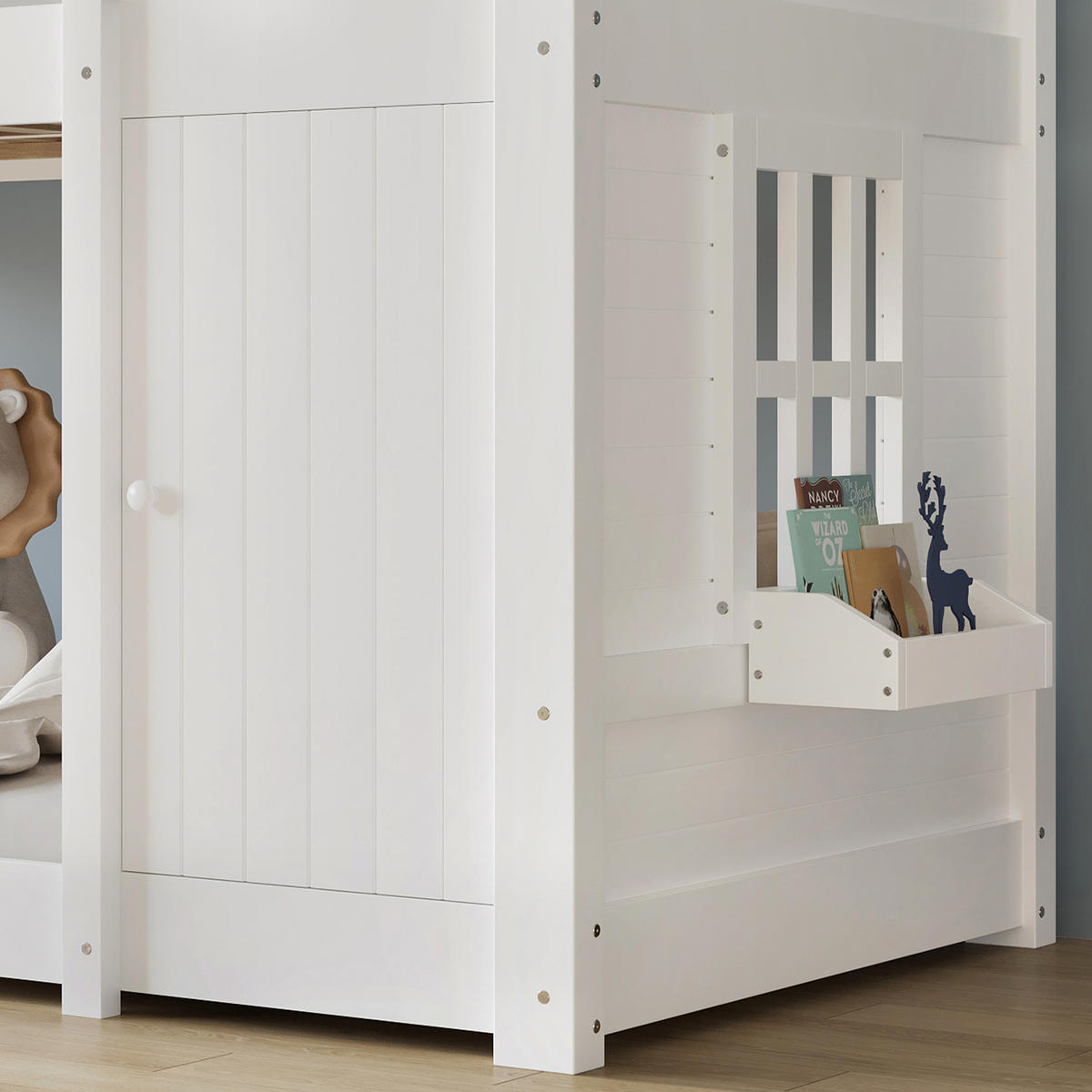ETAGENBETT 90/200 cm in Weiß Kinderbett mit Tafel, Dach und Schrägleiter aus Massivholz im Hausbett-Design - Weiß, Holzwerkstoff (90/200cm) - STILVORA