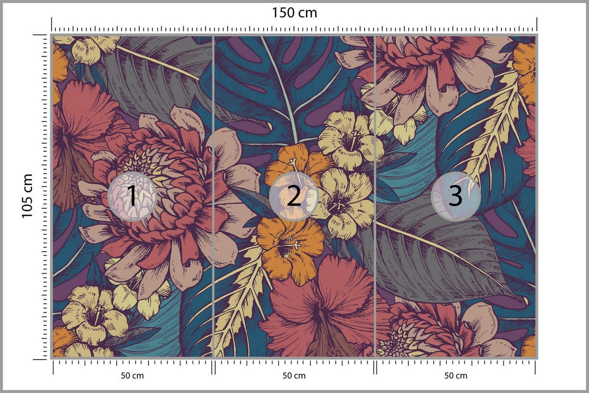 FOTOTAPETE für Schlafzimmer Retro Bunte Blätter Blumen Pflanzen 150x105 - Türkis/Blau, Papier (150/105cm) - Muralo