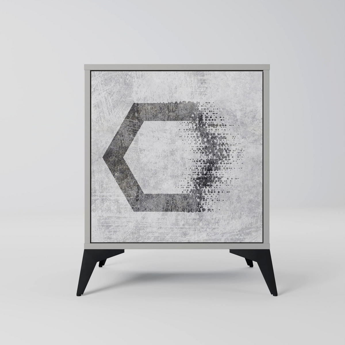 SIDEBOARD HEXAGONAL FIGURES, Grau, 57,5x42x70,5 cm, Schwarze Metall-Sternfüße - Multicolor/Schwarz, Holzwerkstoff/Metall (57.5/70.5/42cm) - SpaceRebels