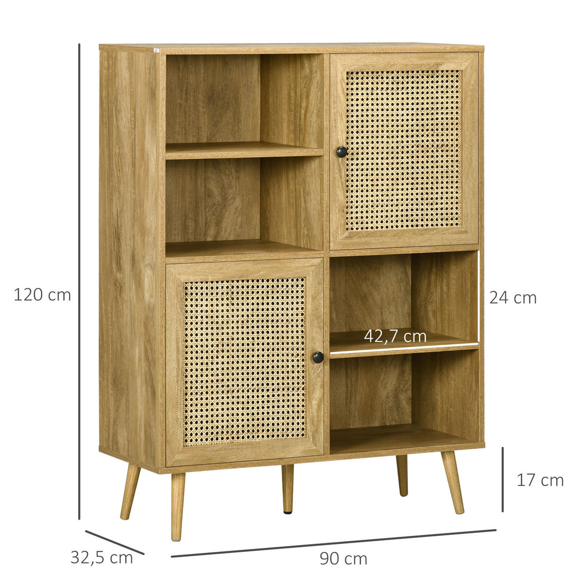 SIDEBOARD DE-11038 2 Türen mit Korbgeflecht & offene Fächer Natur - Eichefarben, Holzwerkstoff (90/120/32.5cm) - ComfortXL