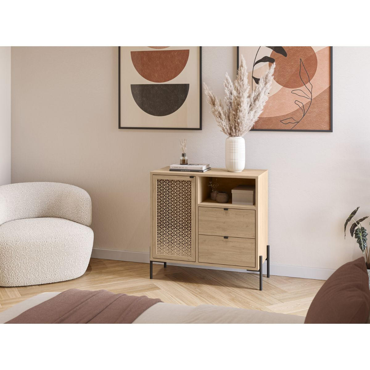 KLEINES Sideboard 1 Tür, 1 Fach und 2 Schubladen B80 cm - Inca - Braun, Holz (40/80.5/84cm) - Calicosy