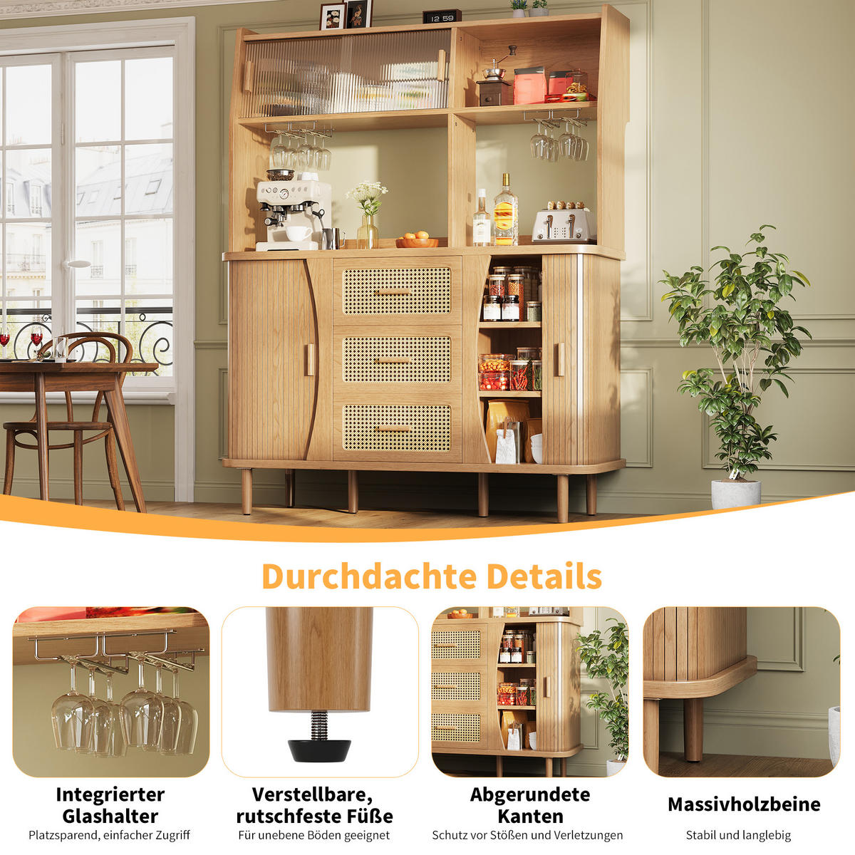 BUFFETSCHRANK Naturholzfarben 140/40.5/174.5 cm - Naturfarben, Holz (140/174.5/40.5cm) - PANGIVO