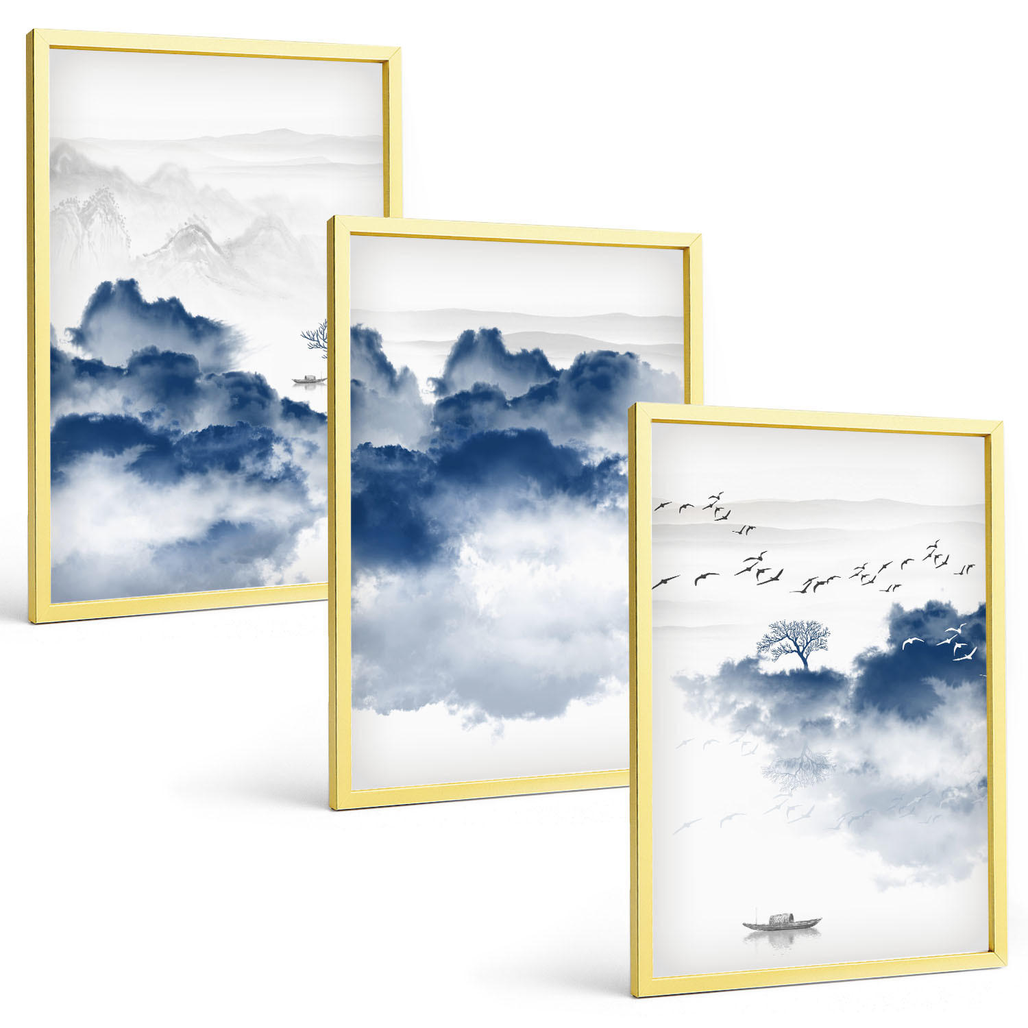 BILDER SET 3er Set - 40x60 cm Goldrahmen - Berge, Wolken, Bäume, Vögel - Goldfarben, Kunststoff (40/60cm) - TULUP
