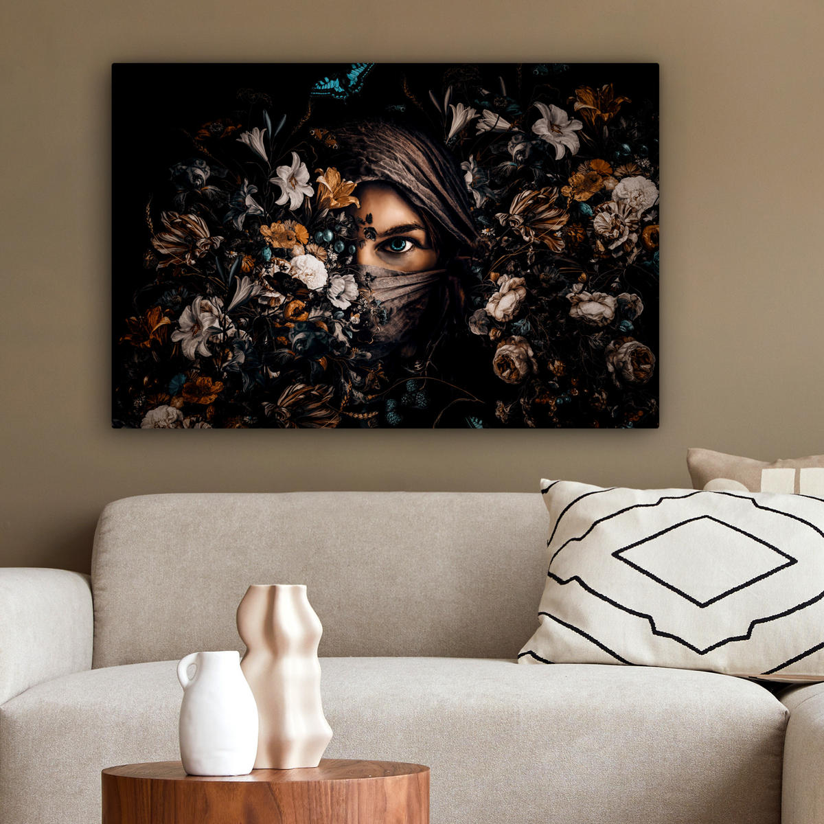 LEINWANDBILD Frau - Luxus - Blumen - Schmetterling - Porträt Wanddeko 90x60 cm - Schwarz, Textil (90/60cm) - MuchoWow