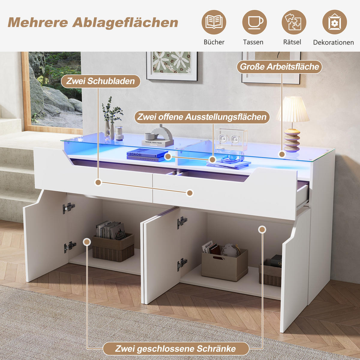 SIDEBOARD Weiß MDF 2 Schubladen Glasplatte 140cm Modern - Weiß, Holzwerkstoff (140/70/40cm) - FLIEKS