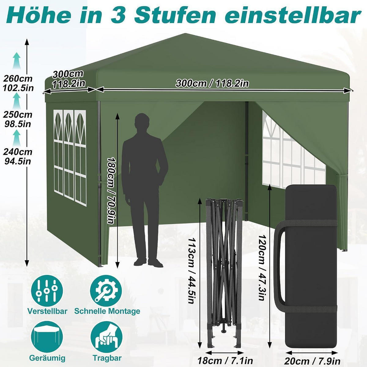 FALTPAVILLON 3x3 m mit Seitenwänden Grün - Grün, Textil (300/260/300cm)