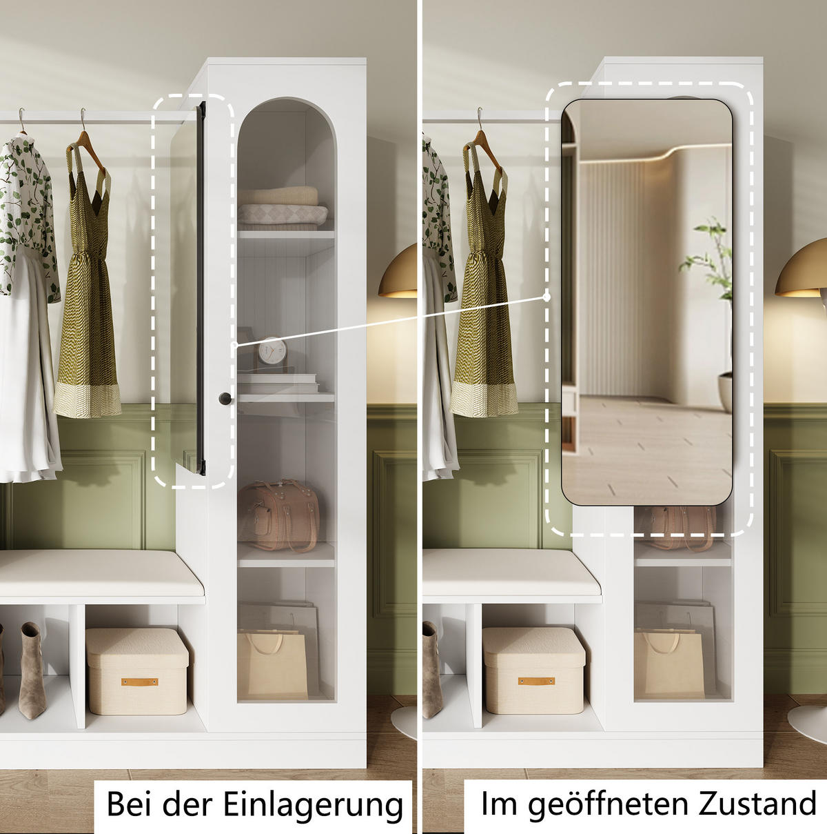 DIELENGARDEROBE 163/50/161 cm in Weiß mit Spiegel, Schuhschrank und Sitzbank - Weiß, Holzwerkstoff (163/161/35cm) - BEAOK