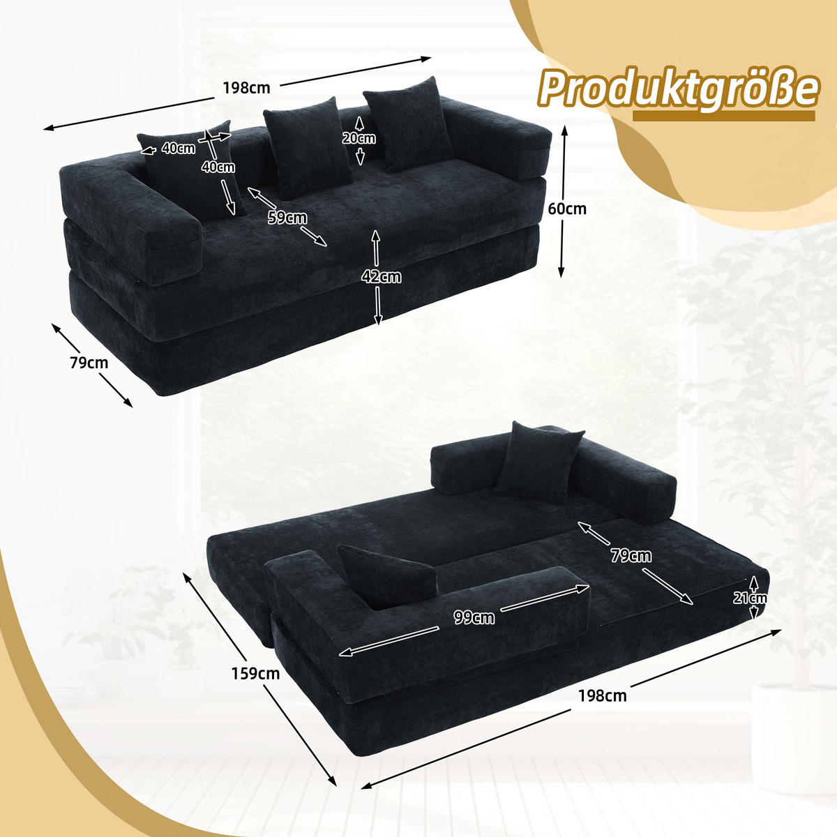 SCHLAFSOFA, Klappbares Bodensofa, Modulares Polstersofa Chenille, Schwarz - Schwarz, Textil (79/60/198cm) - LVHOM