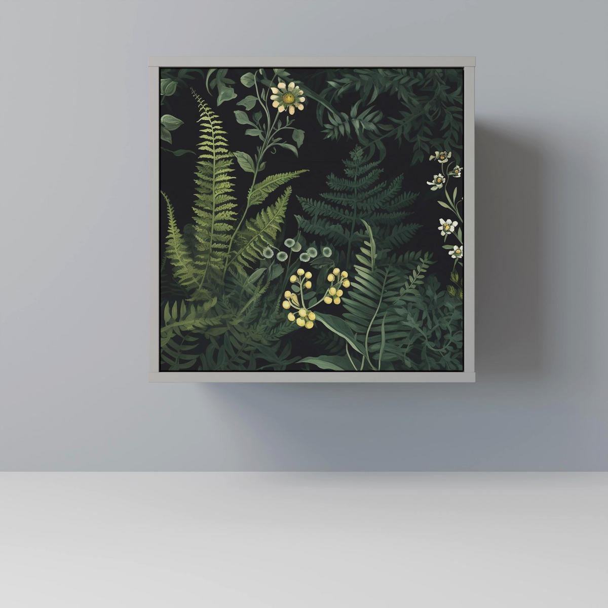 SIDEBOARD FERN FLOWERS, Grau, 57,5x42x67,5 cm, Schwarze Metall-Rahmenfüße - Multicolor/Schwarz, Holzwerkstoff/Metall (57.5/67.5/42cm) - SpaceRebels