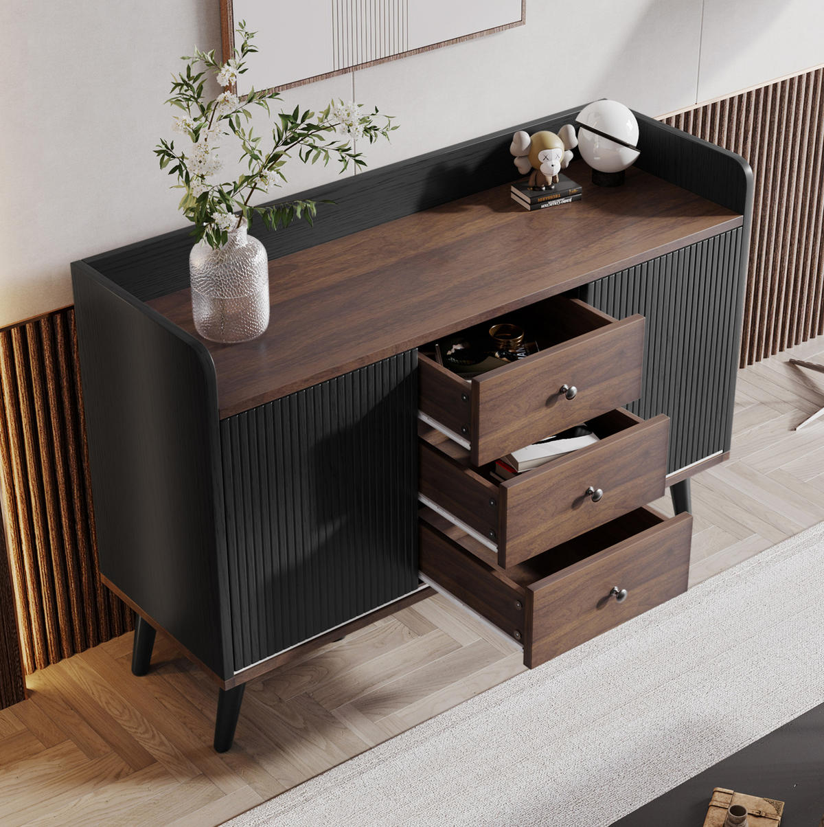 SIDEBOARD, 117,5/40/80 cm, MDF a dřevotříska, černá/dekor dřeva, se 3 zásuvkami a posuvnými dveřmi - černá, kompozitní dřevo (117/80/40cm) - BEAOK