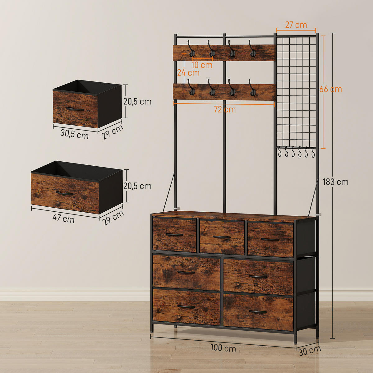 GARDEROBE DE-17882 14 Haken & 7 Stoffschubladen Rostbraun - Braun, Holzwerkstoff (30/183/100cm) - ComfortXL