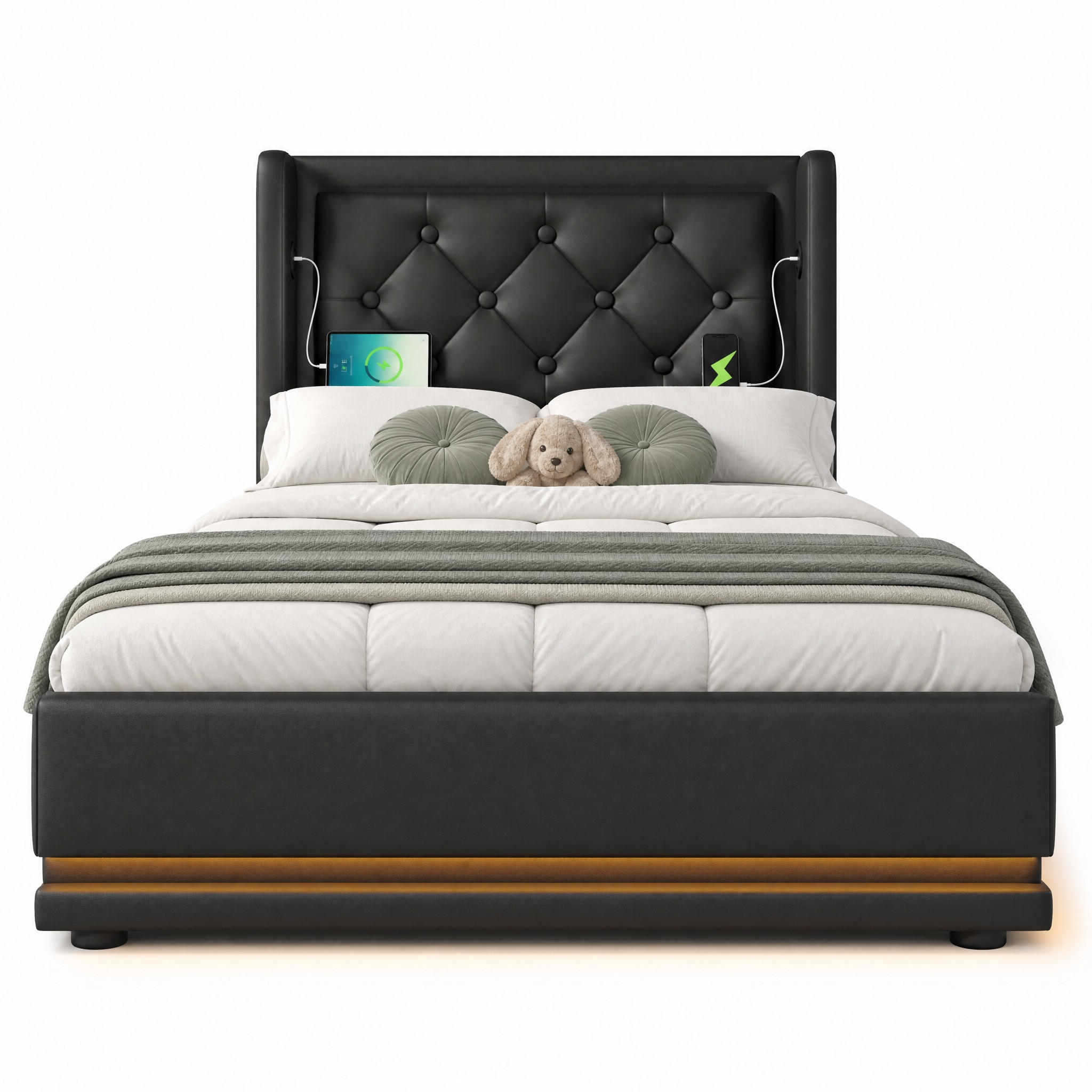 POLSTERBETT 90/200 cm in Schwarz mit Bettkasten, LED, USB und Type-C im Chesterfield-Design - Schwarz, Holzwerkstoff/Textil (90/200cm) - STILVORA
