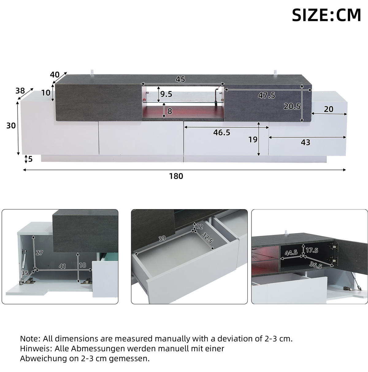 LOWBOARD 180/40/45 cm mit 2 Schubladen, LED-Beleuchtung und Glasablagen - Weiß, Holzwerkstoff (180/45/40cm) - BEAOK