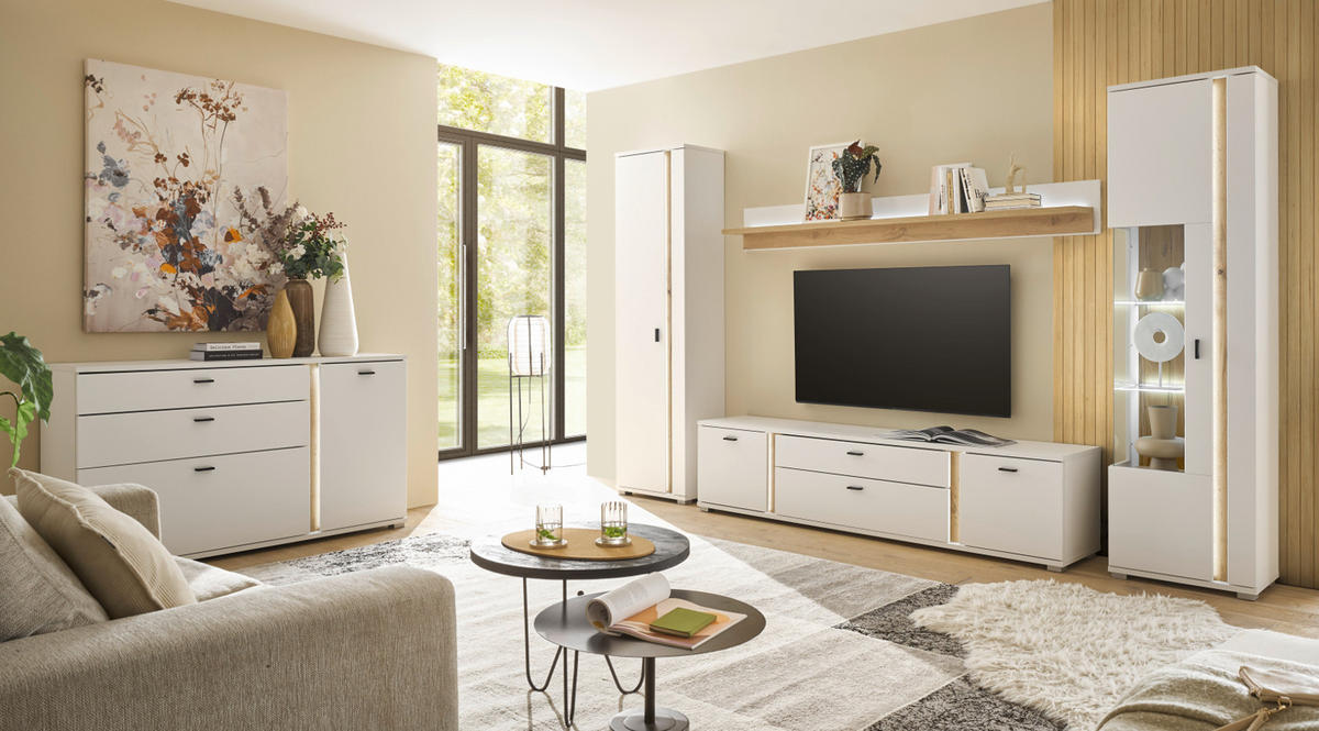 SIDEBOARD weiß matt, Eiche Wotan 150 cm, Kommode inklusive Frontbeleuchtung - Silberfarben/Eiche Wotan, Holzwerkstoff/Kunststoff (150/86/42cm) - Furn.Design