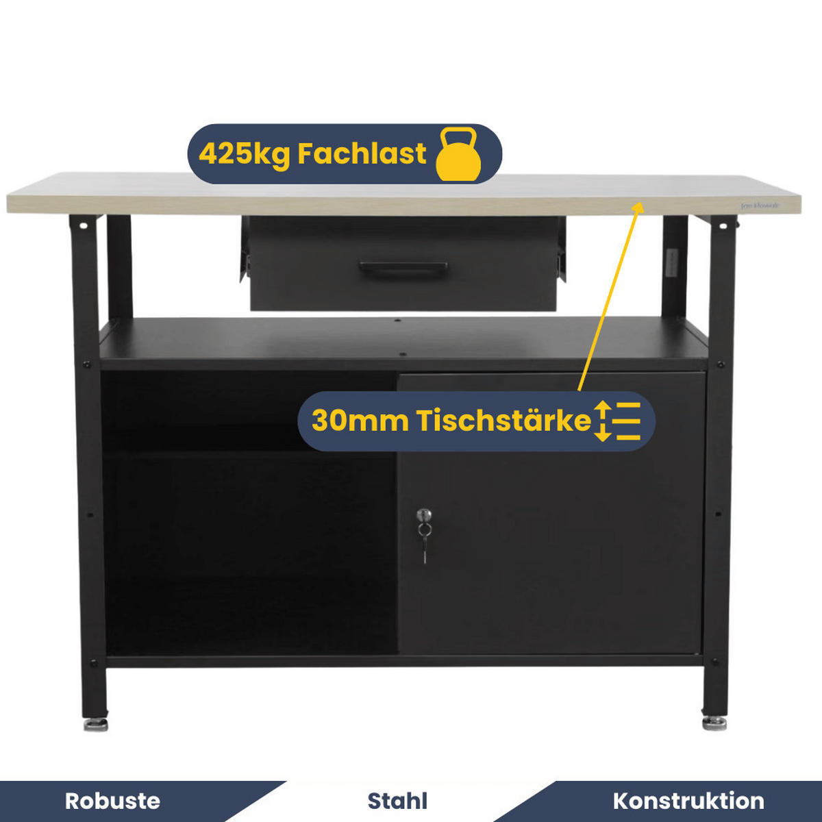 WERKBANK Werkstatt ERWA 85x120x60cm Schwarz - Schwarz, Metall (120/85/60cm) - DELUKE