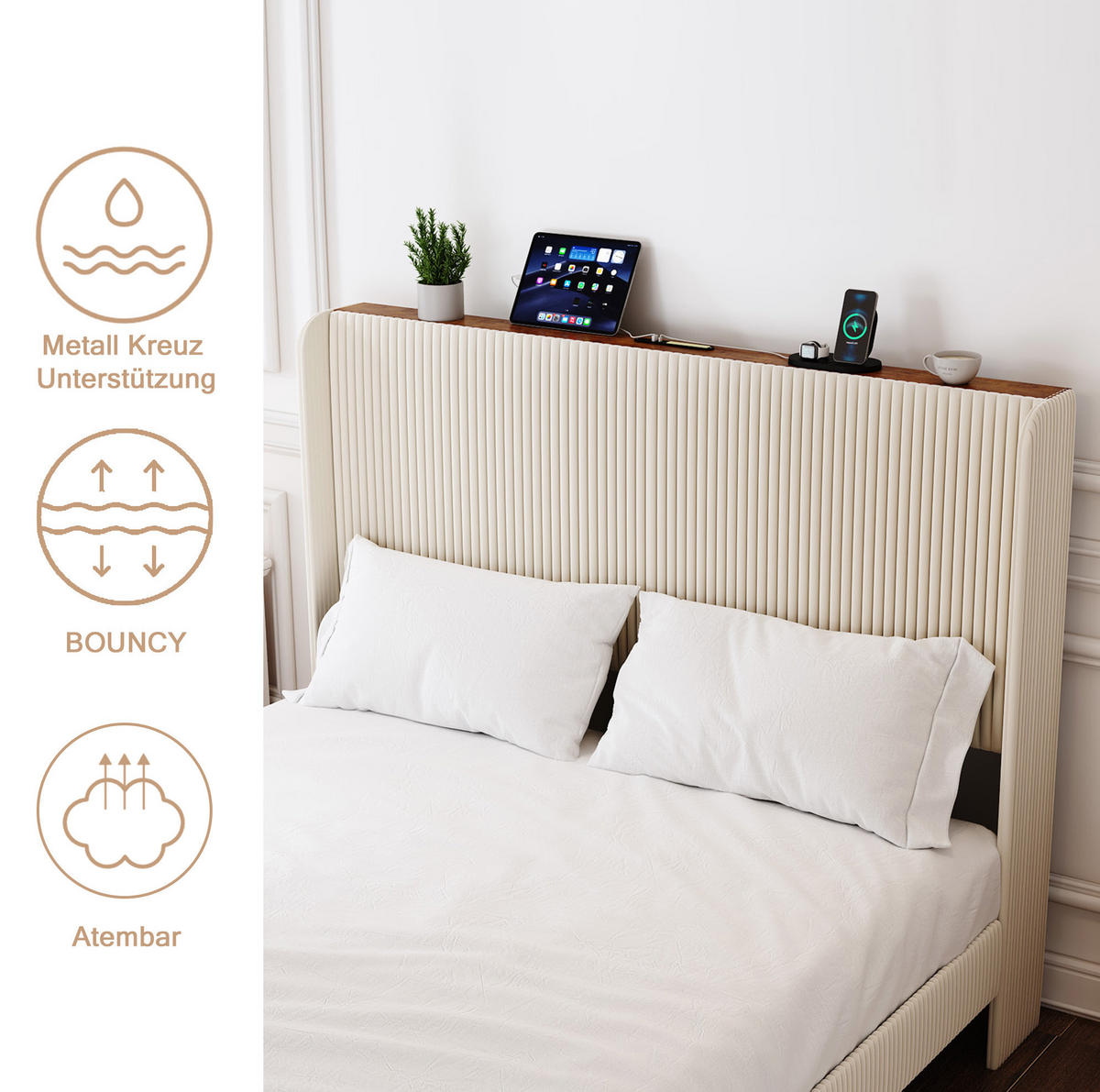 POLSTERBETT 140/200 cm mit Cordbezug, geräuscharmem Metallgestell und Flügelkopfteil, Beige, Creme - Creme, Textil (140/200cm) - Redom
