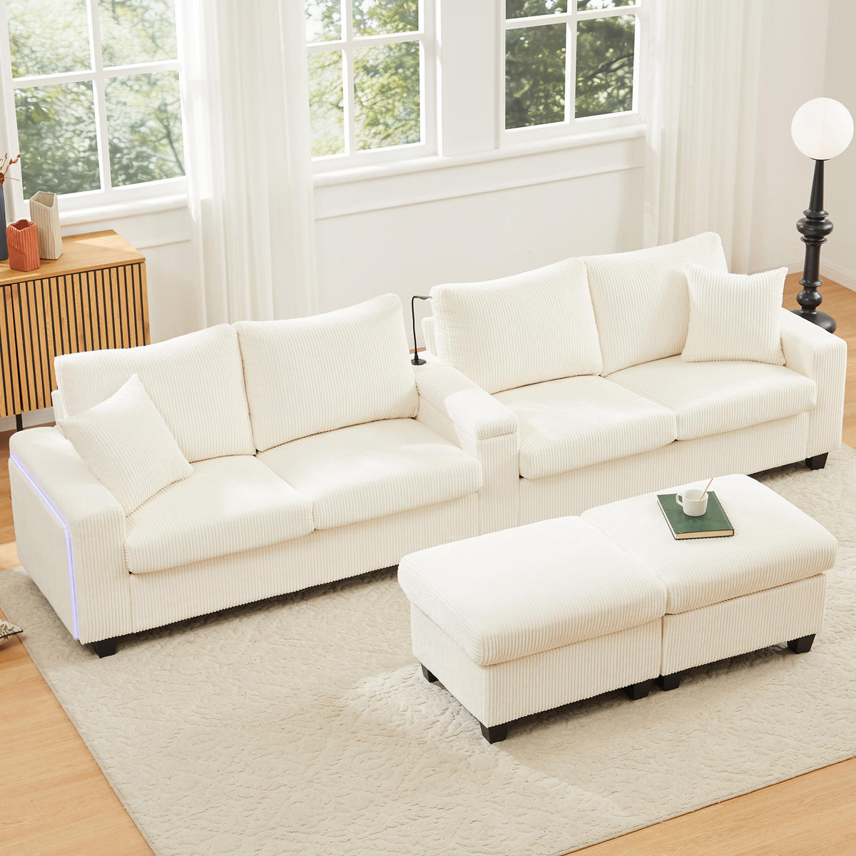 WOHNLANDSCHAFT DE-33399 U-Form mit LED und 2 Hockern Beige - Beige, Metall (334/81/128.5cm) - ComfortXL