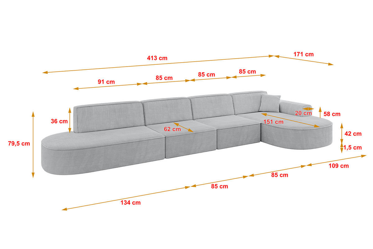 ECKSOFA Ottomane Rechts MARI-L3 - 413x171x79 cm Grau Cord - Schwarz/Grau, Holzwerkstoff/Kunststoff (171/413cm) - ALTDECOR