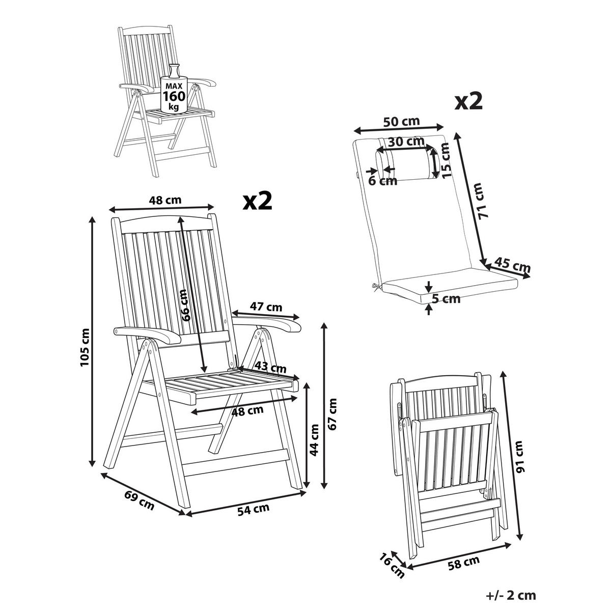 GARTENSTUHL 2er-Set und Sitzkissen Akazienholz Cremeweiß Java Premium - Hellbraun, Holz (54/105/69cm) - Beliani