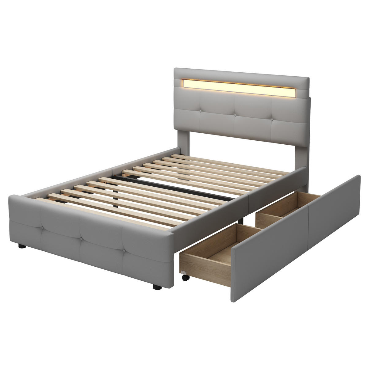 POLSTERBETT 90/200 cm Grau mit LED-Beleuchtung und 2 Schubladen - Grau, Textil (90/200cm) - Flora Grace