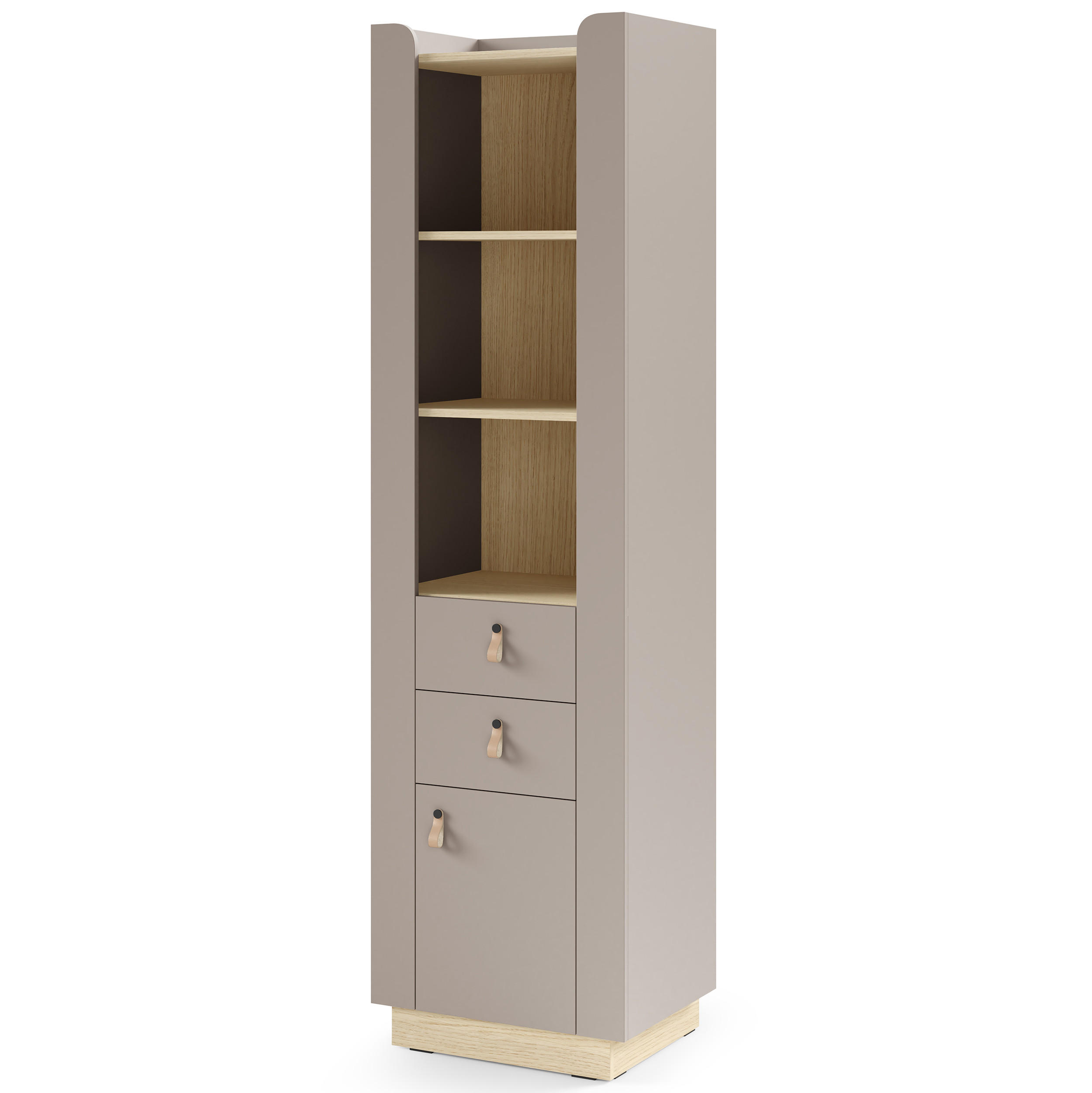 BÜCHERREGAL Sorella mit 1 Tür, 2 Schubladen und offenen Regalböden, Porcini + Eiche Mavelie - Eichefarben/Cappuccino, Leder/Holzwerkstoff (55/201/52cm) - Beautysofa
