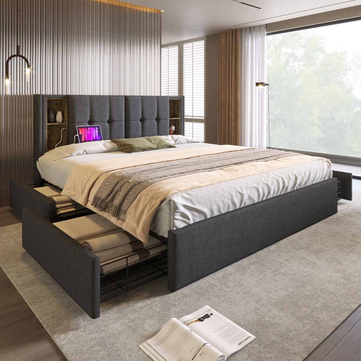 BETT mit 4 Schubladen und Ladestation 160x200 cm Leinen Grau - Grau, Metall (160/200cm) - Meubliv