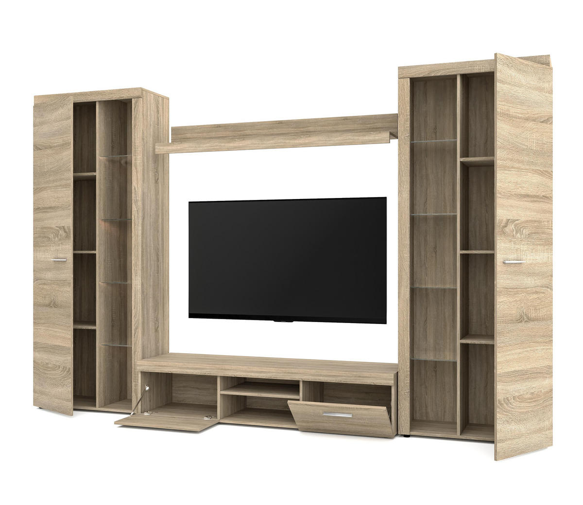 WOHNWAND Spacoro XL Sonoma Eiche 300/190/40 cm Viel Stauraum ohne LED - Beige, Holzwerkstoff/Kunststoff (300/190/40cm) - AX Living