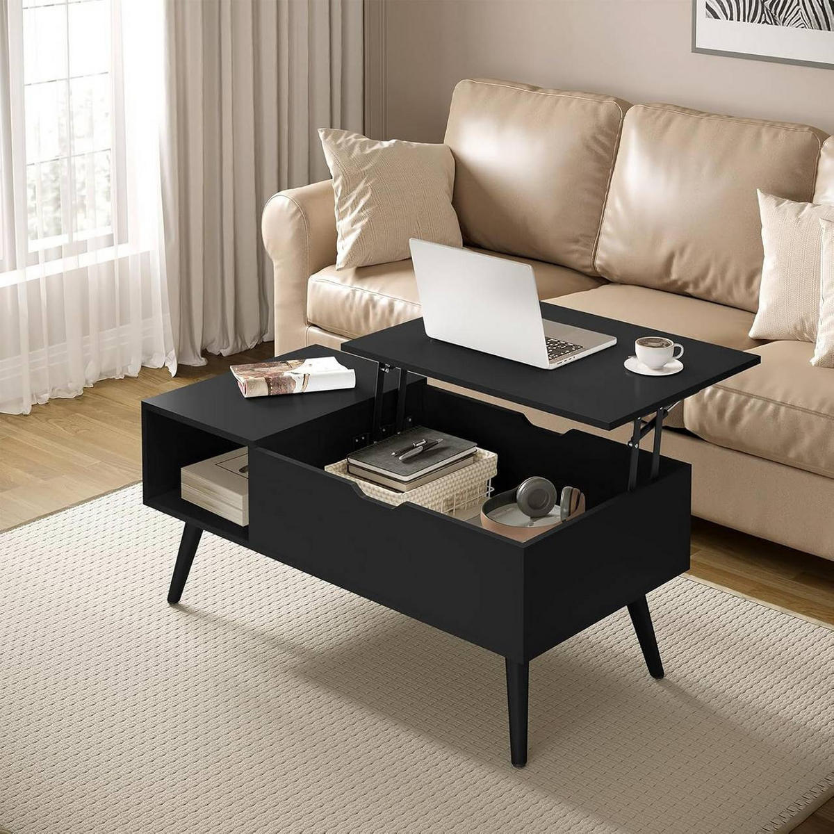 COUCHTISCH höhenverstellbar(47-53 cm), mit Stauraum, Schwarz - Schwarz, Holzwerkstoff/Metall (50/100/43cm) - Woltu