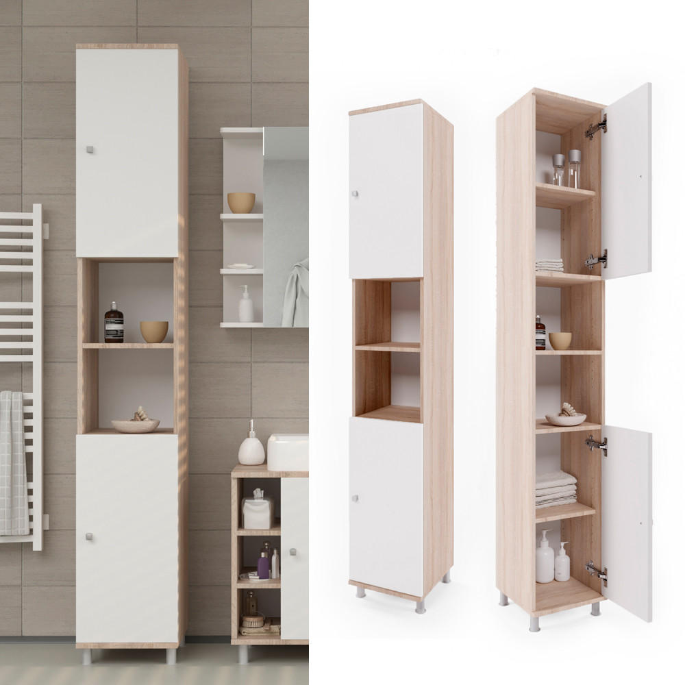 BADSCHRANK Fynn Sonoma 30 x 190 cm - Weiß/Sonoma Eiche, Holzwerkstoff (30/190/30cm) - Vicco