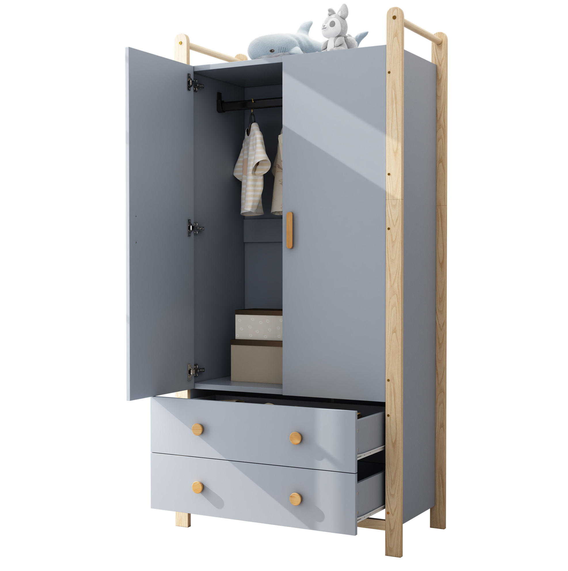 Modfu ŠATNÍ skříň z masivní borovice a MDF 89,6x44x180,5 cm modrá/přírodní se šatní tyčí a 2 zásuvkami