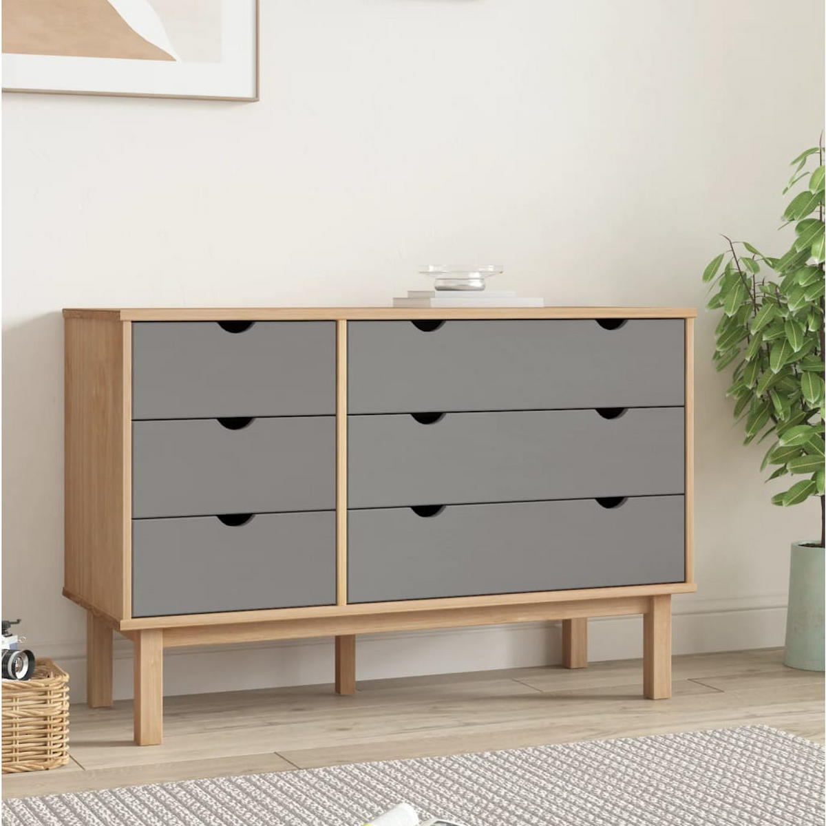 SCHUBLADENSCHRANK OTTA BRAUN & GRAU 111X43X73,5 CM MASSIVHOLZ - Grau, Holz (111/73.5/43cm) - vidaXL